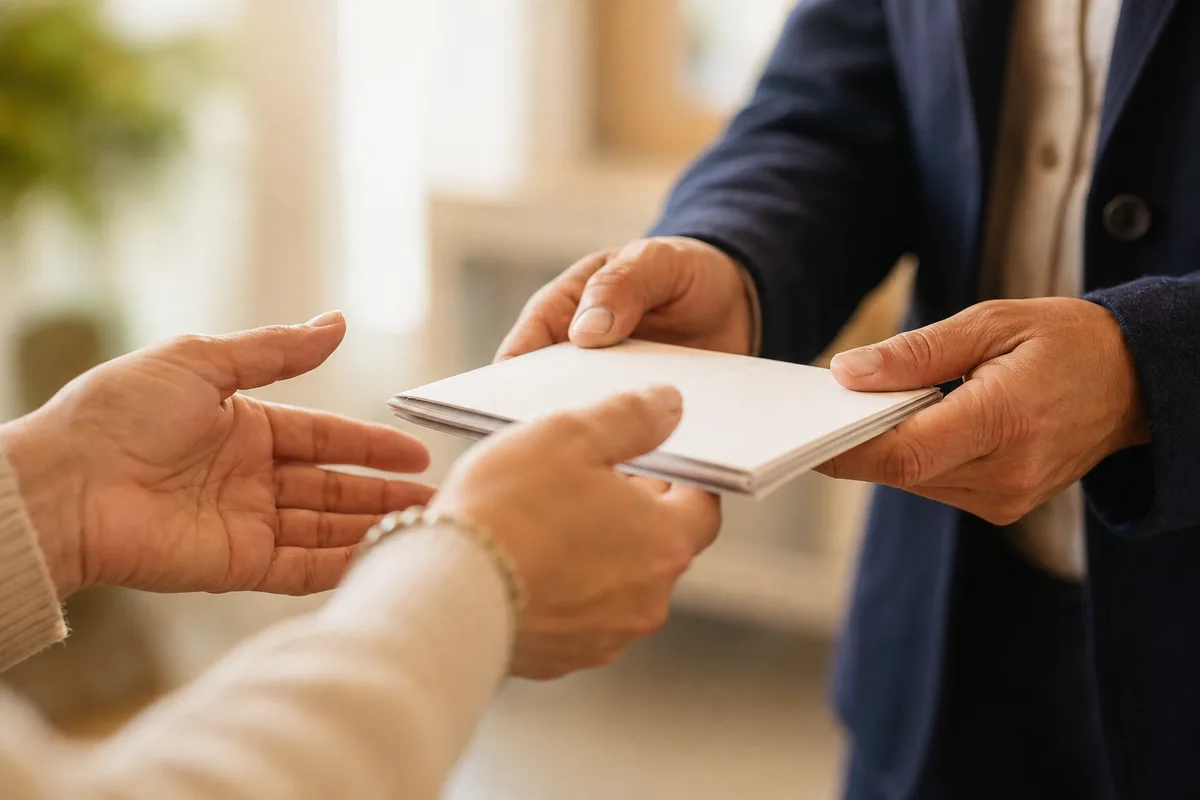 Two people exchanging a folder, symbolizing support handed forward