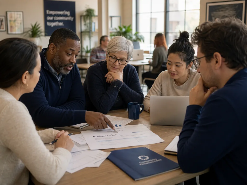 A small group of Newcomer Business Launchpad participants reviewing a business plan together